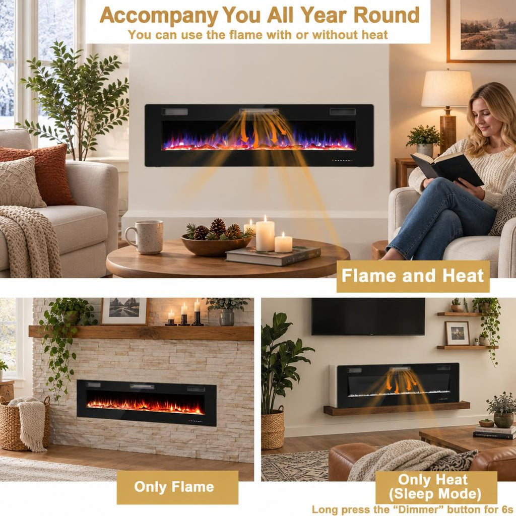 Airfind 68-Inch Electric Fireplace, Recessed or Wall Mounted, 12 Flame Colors, Remote, 1500W, for Living Room for Everyday Use, Black
