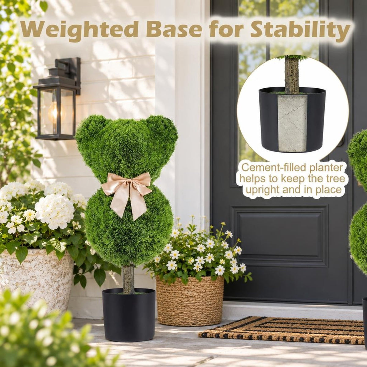 Airfind 2 Pieces Bear Topiary Trees with Pots Sun-resistant Bear, PE PP Cement Frame, 10 Inch x 9 Inch x 24.5 Inch Pot Footprint, Green + Golden