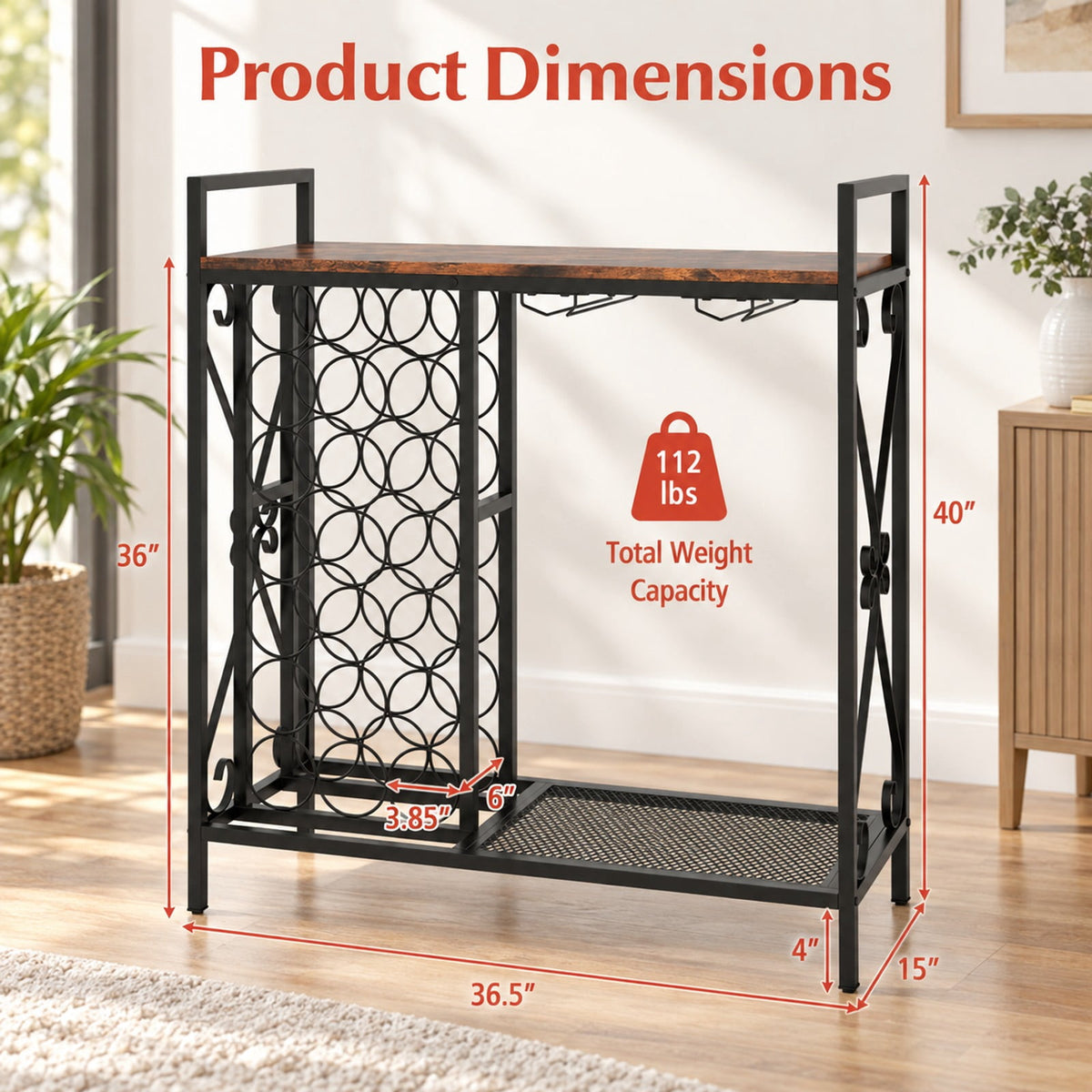 Airfind 21 Bottle Wine Rack Freestanding Floor Wine Bottle Organizer with Glass Holder, 44 lbs Capacity, Metal Engineered Wood Frame, Brown
