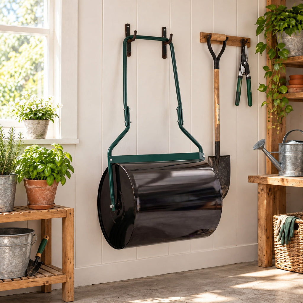 Airfind Lawn Roller 16 Gallon Water/Sand Filled Garden Drum Roller with Leak, Metal Frame, 21 x 16 x 44(L X W X H) Roller Footprint, Black