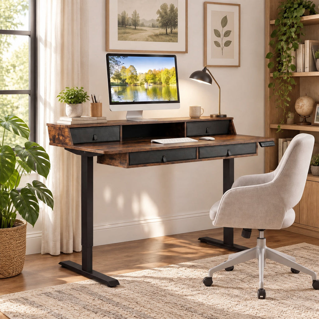 Airfind 55 Inch x 27 Inch Electric Standing Desk with Drawers, Engineered Wood Metal Fabric Frame, 55 Inch x 27 Inch x 33.5 Inch -51 Inch Footprint, Brown