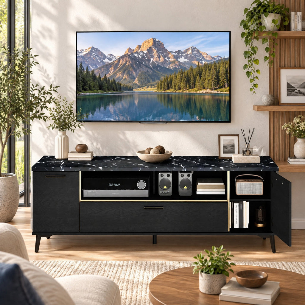 Airfind 63 Inch TV Stand with Flip Door Cabinet for TVs up to 75 Inch, 165 lbs Capacity, Engineered Wood MDF Metal Frame, Black