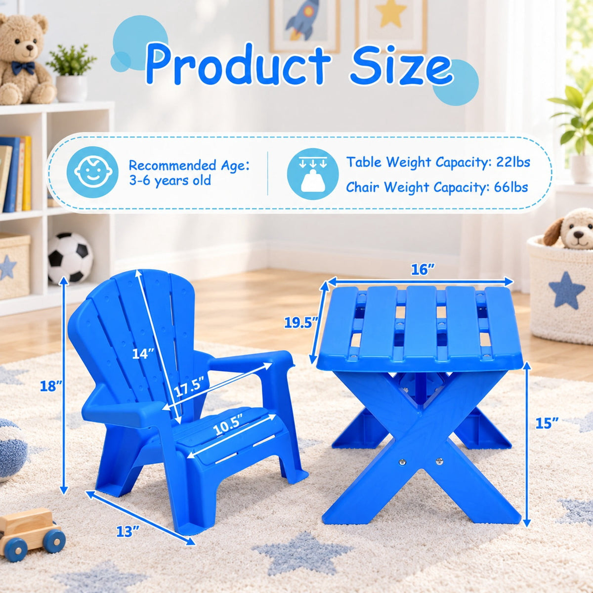 Airfind 3-Piece Plastic Youth Table Chair Set, 22 Lbs Capacity, Pp, Durable Construction Lasts for Years for Convenient Everyday Use, Blue