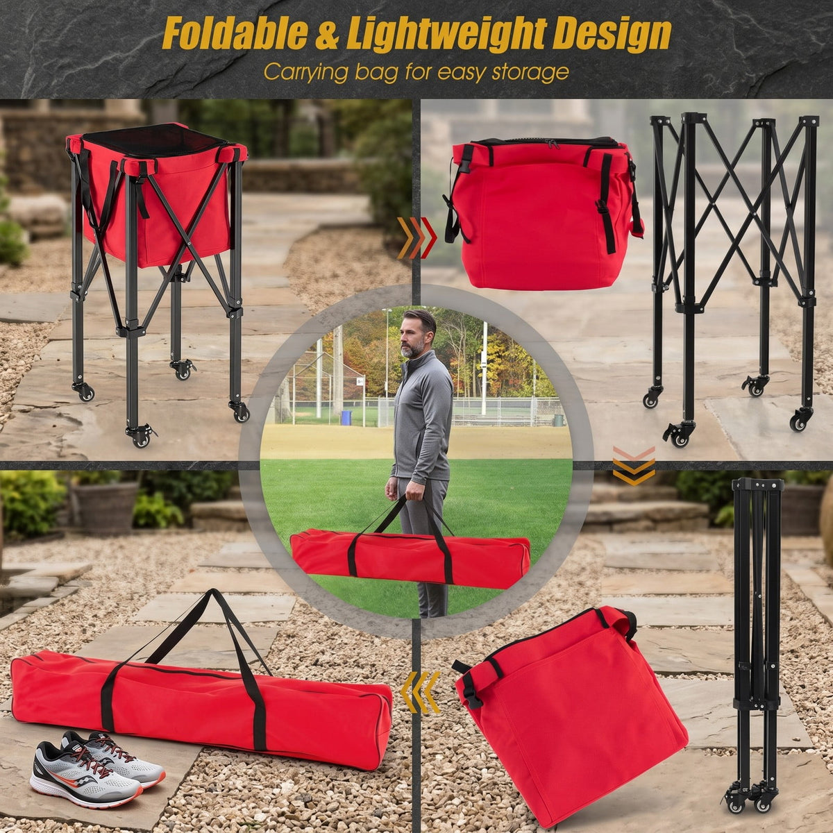 Airfind Foldable Tennis Ball Cart with Wheels and Removable Bag, Lightweight Aluminum Teaching Hopper Holds 150 Balls for Tennis Pickleball Badminton, Red