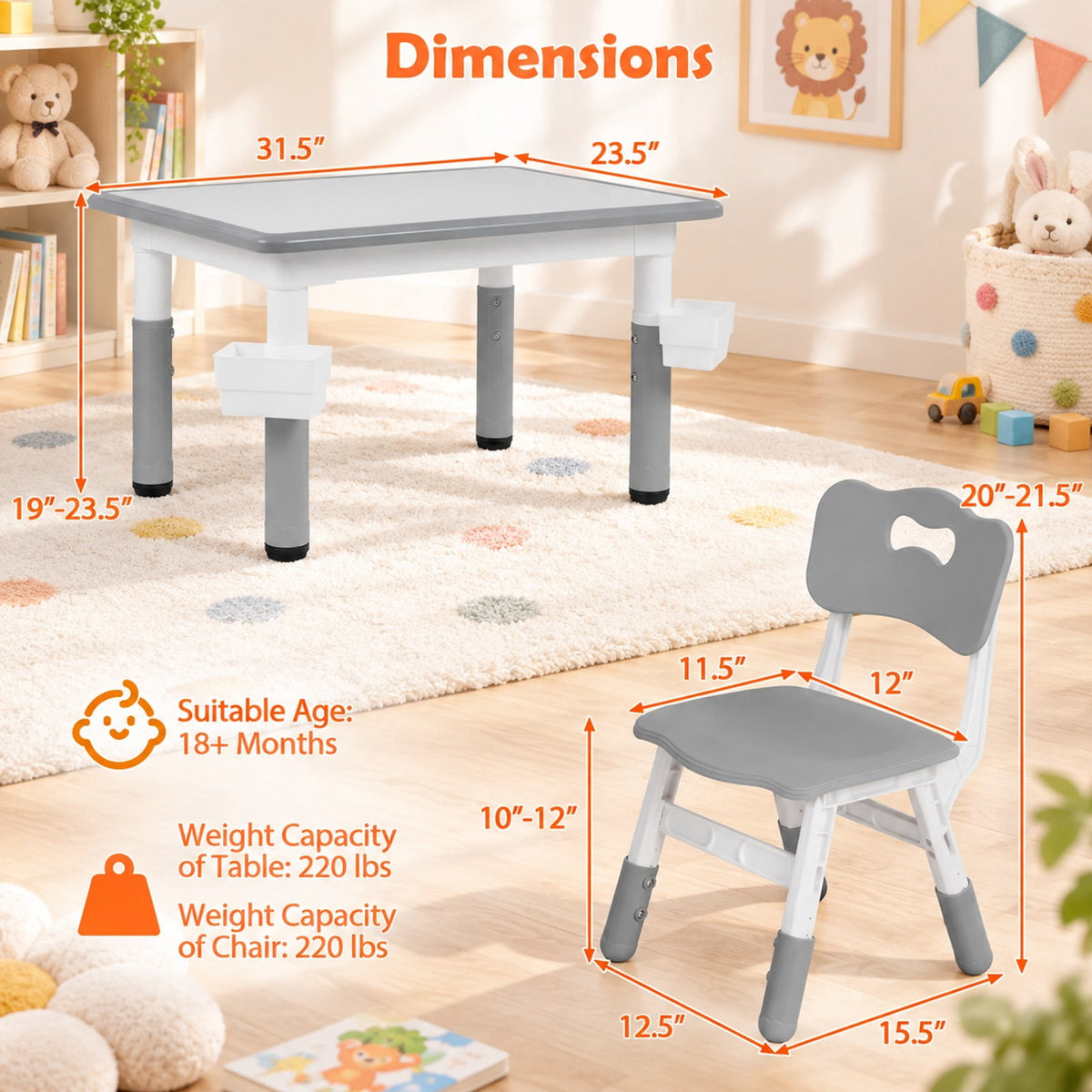 Airfind Height Adjustable Kids Table and 4 Chairs Set with Graffiti Desktop and 2 Storage Baskets, 220 lbs Capacity, Engineered Wood PP Frame, Gray