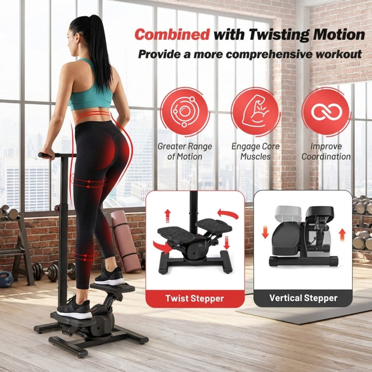 Airfind Twisting Stair Stepper Workout Machine with 5-Level Adjustable Handlebar and LCD Monitor for Home Cardio and Lower Body Fitness Training, 300 lb Weight Capacity, Black