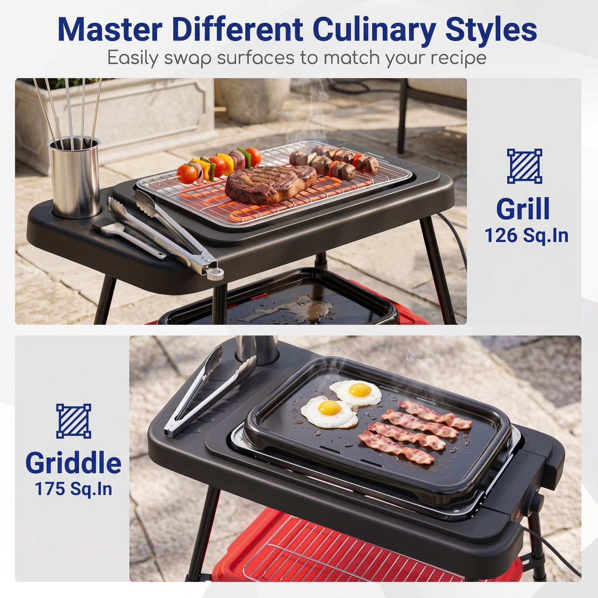 Airfind 1500W 2-in-1 Electric Grill featuring Detachable Stand and Dual Plates for Balcony, Metal PP Electroplated Chrome Enamel Zinc Sheet Frame, Red