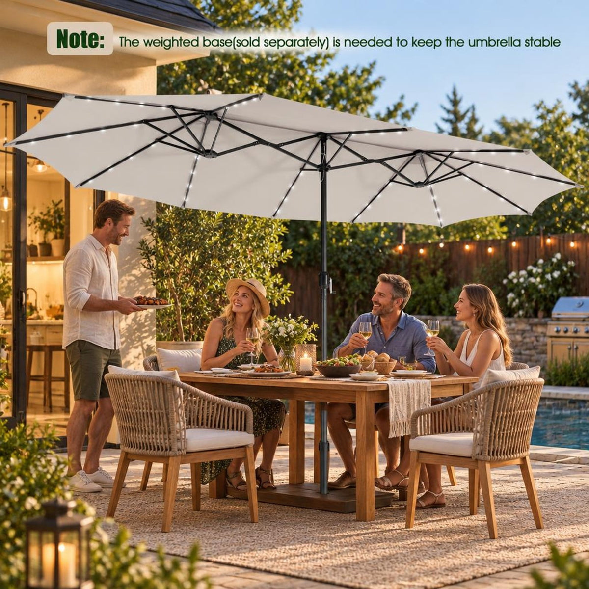 Airfind 15 Feet Twin Patio Umbrella with 48 Solar LED Lights, Steel polyester fabric Frame, 15.4 x 9.2 x 8 (L x W x H) Pole Footprint, Beige