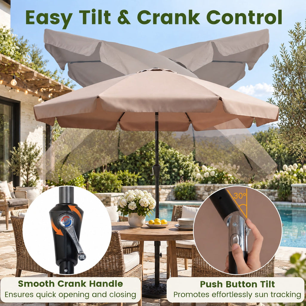 Airfind 10 FT Scalloped Patio Umbrella with Push Button Tilt and 8 Fiberglass Ribs, Fiberglass Polyester Fabric Metal ABS Frame, Brown