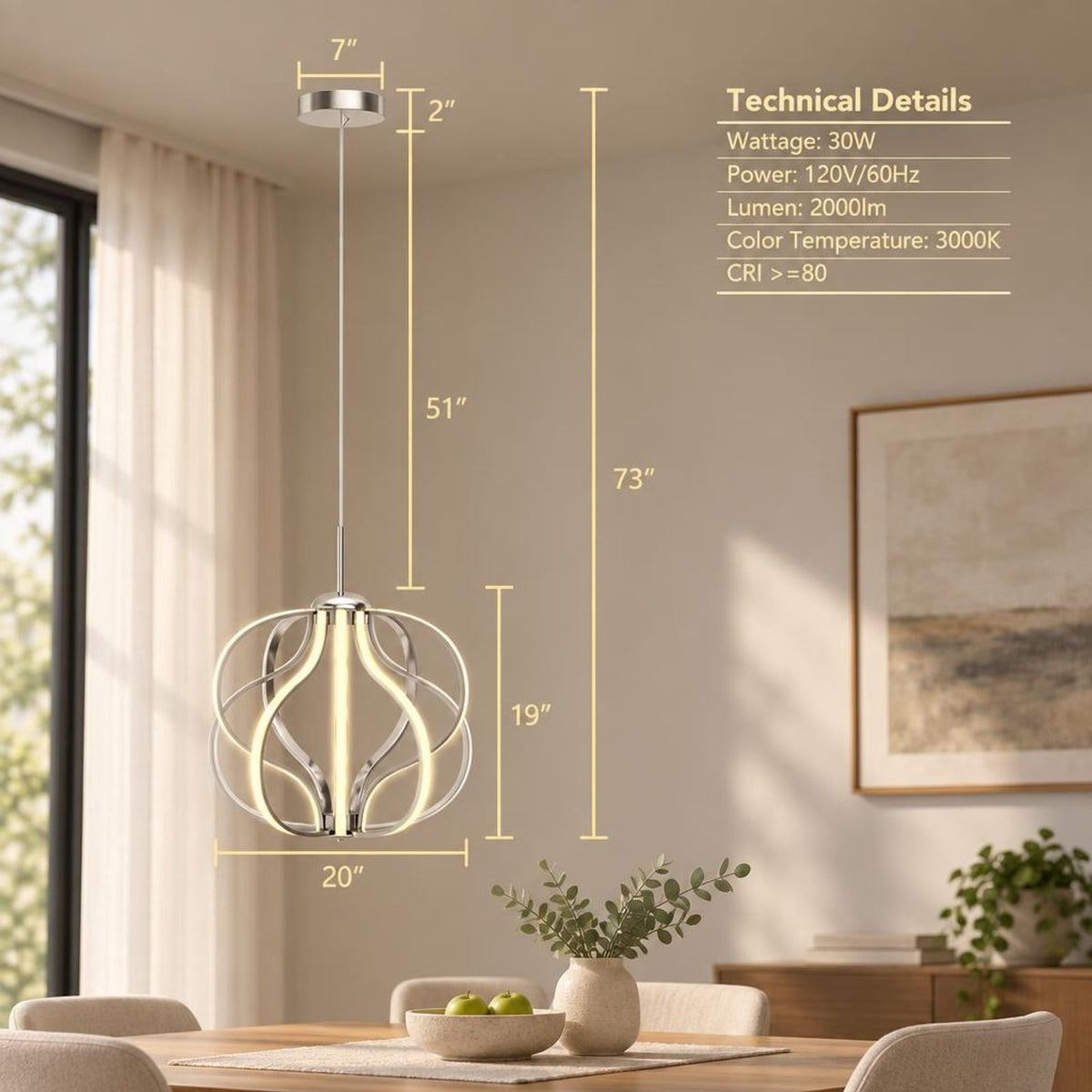 Airfind Modern Dimmable Warm LED Chandelier, Steel Aluminum PVC Frame, 20 Inch x 25 Inch - 73 Inch Footprint for Everyday Use, White