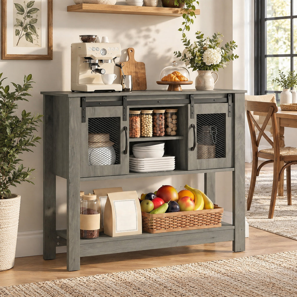 Airfind Console Table with Sliding Barn Doors and Storage Cabinets, 150 lbs Capacity, Engineered Wood Metal Frame, 40 x 12.5 x 32 Footprint, Gray