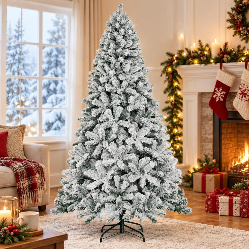 Airfind Snow-flocked Artificial Christmas Tree 7.5 Ft featuring 1010 Branch Tips, Hinged Sections and Metal Stand for Everyday Use, White