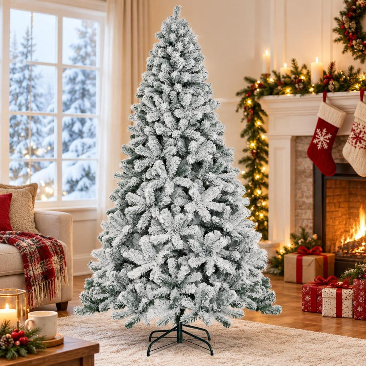 Airfind Snow-flocked Artificial Christmas Tree 7.5 Ft featuring 1010 Branch Tips, Hinged Sections and Metal Stand for Everyday Use, White