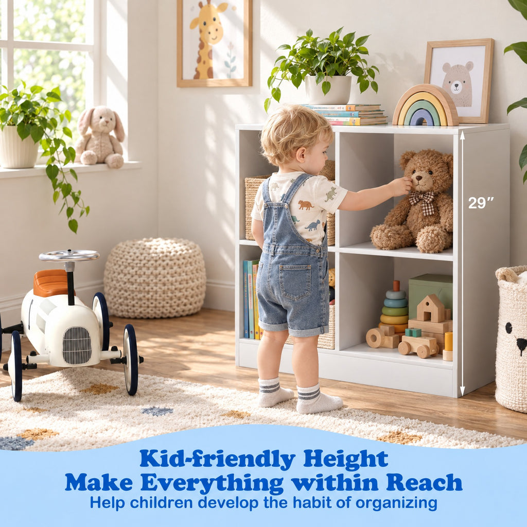 Airfind 4-Cube Kids Bookcase with Open Shelves, 60 lbs Capacity, Engineered wood Frame, 29 Inch x 13 Inch x 29 Inch Footprint, White