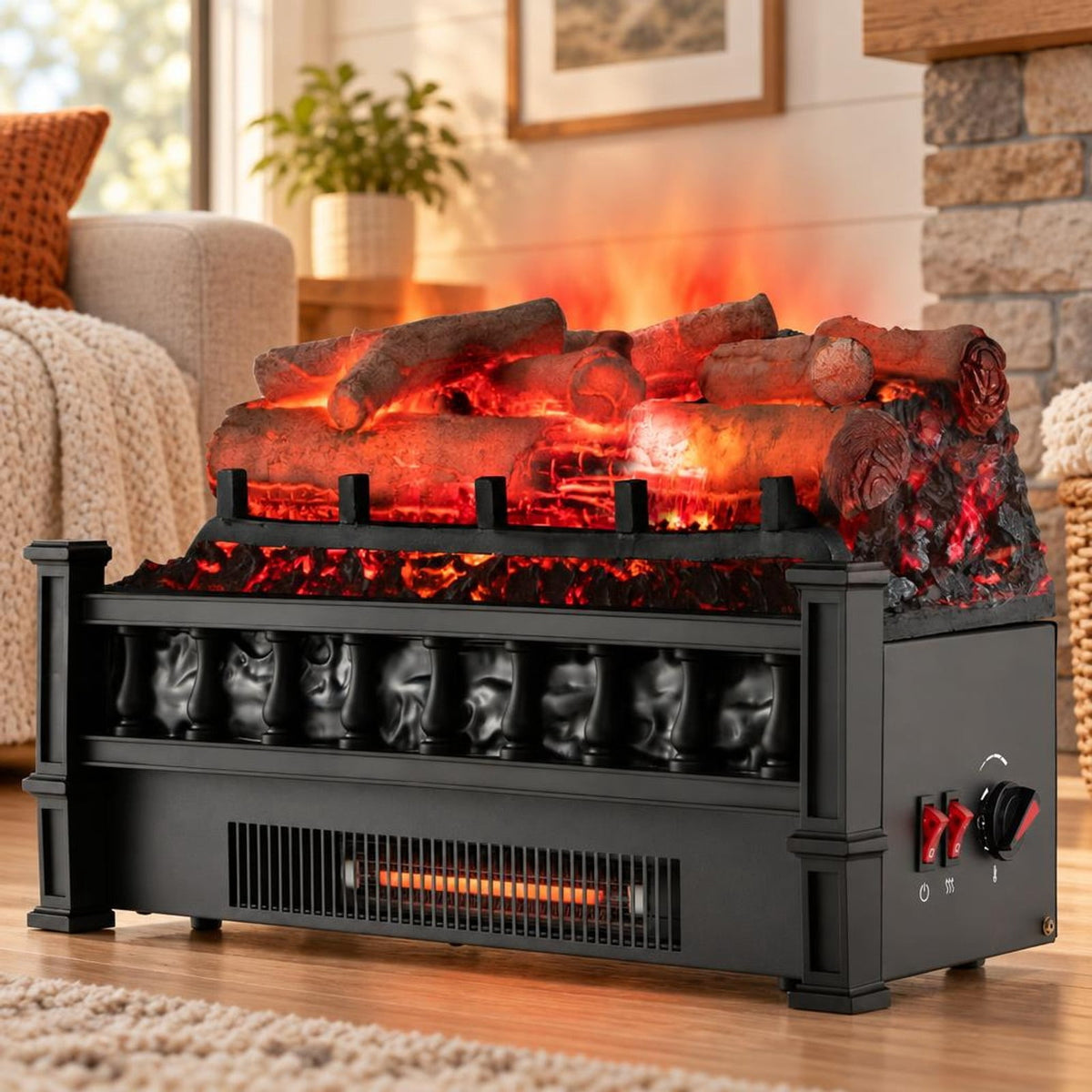 Airfind 20 Inch Electric Fireplace Heater with Realistic Birchwood Ember Bed, Black, Easy to operate with functional control panel
