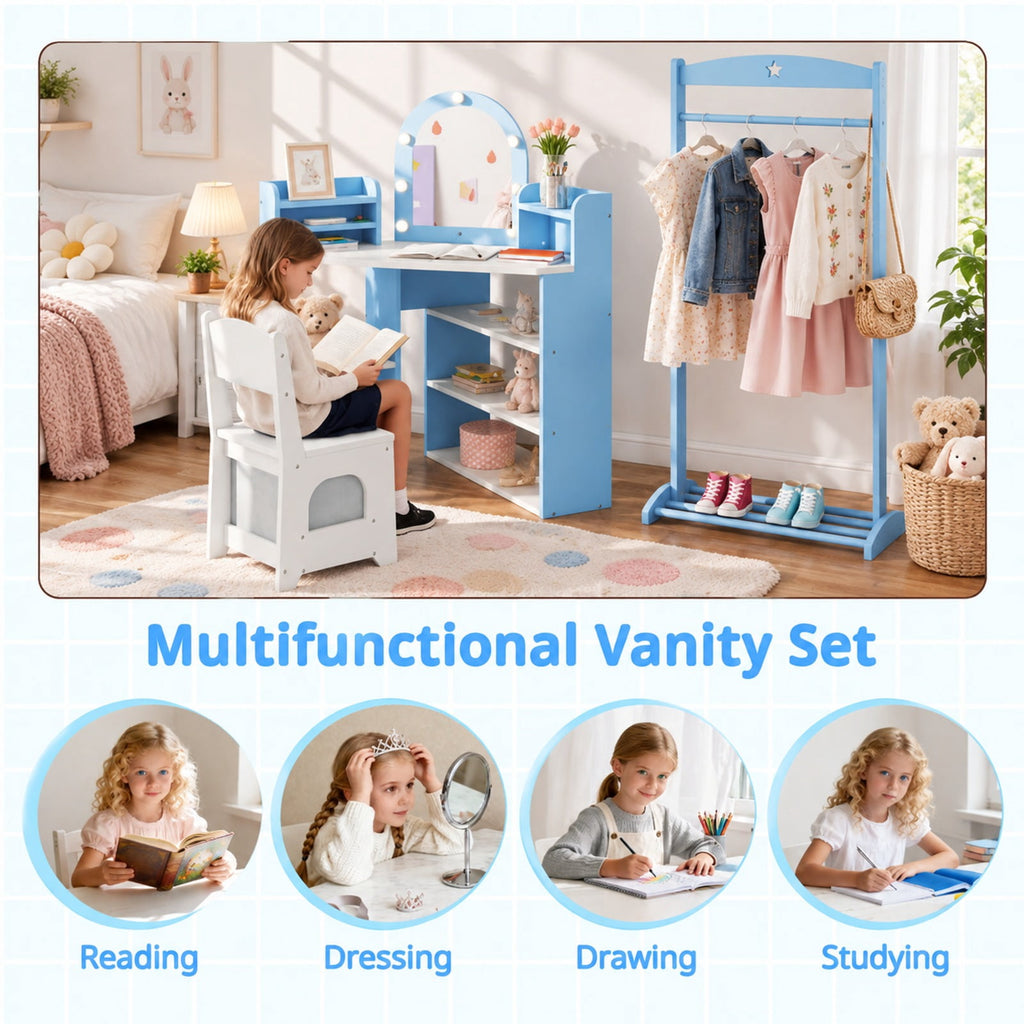 Airfind 2-In-1 Kids Vanity Set with Lights for Toddlers 3+ Years Old, 45 lbs Capacity, MDF Non-woven Fabric Frame, 37 x 24 x 39.5 Footprint