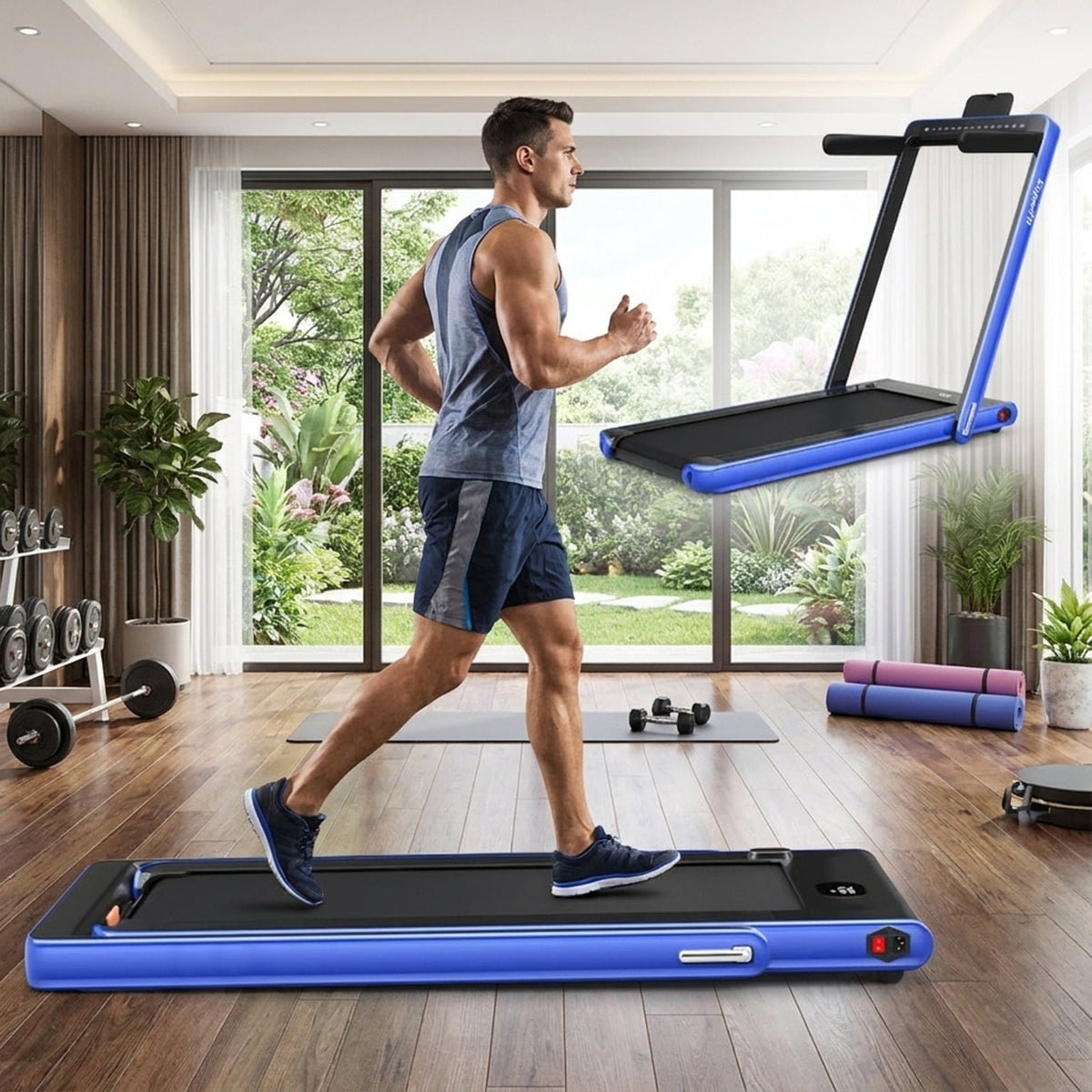 Airfind 2-in-1 Walk-to-Run Folding Treadmill Walking Treadmill for Home with Cushioned Deck Supports 265 lbs Compact Under Desk Design, Blue