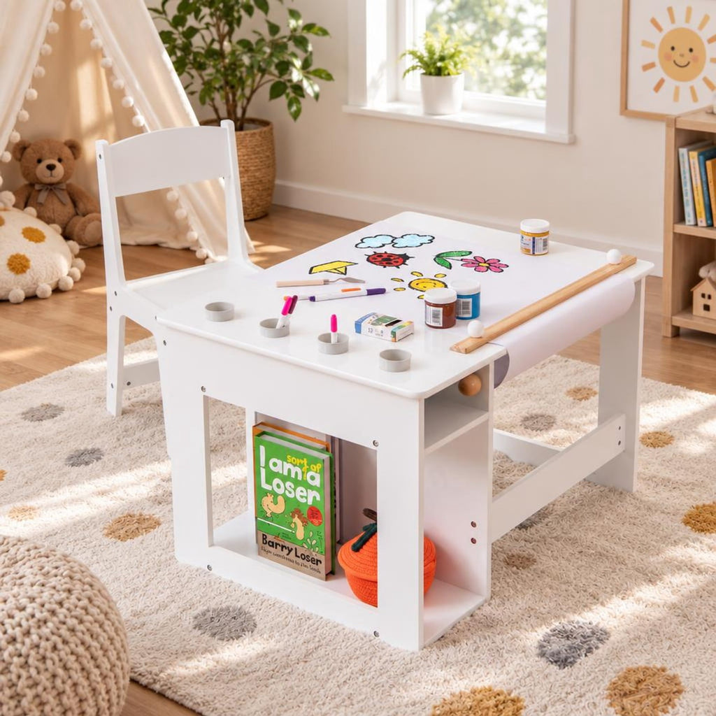 Airfind Kids Art Table and Chair Set Toddler Craft Drawing Desk, 110 lbs Capacity, MDF Pine Wood Frame, 31.5 x 23.5 x 19.5 Footprint, White