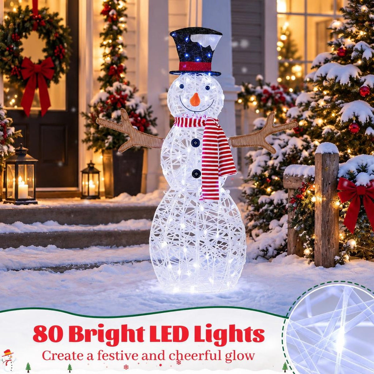 Airfind Lighted Snowman Christmas Decoration with Cold White LED Lights, Metal Tinsel Fabric Frame, 33in x 10in x 43in Length of Footprint, White