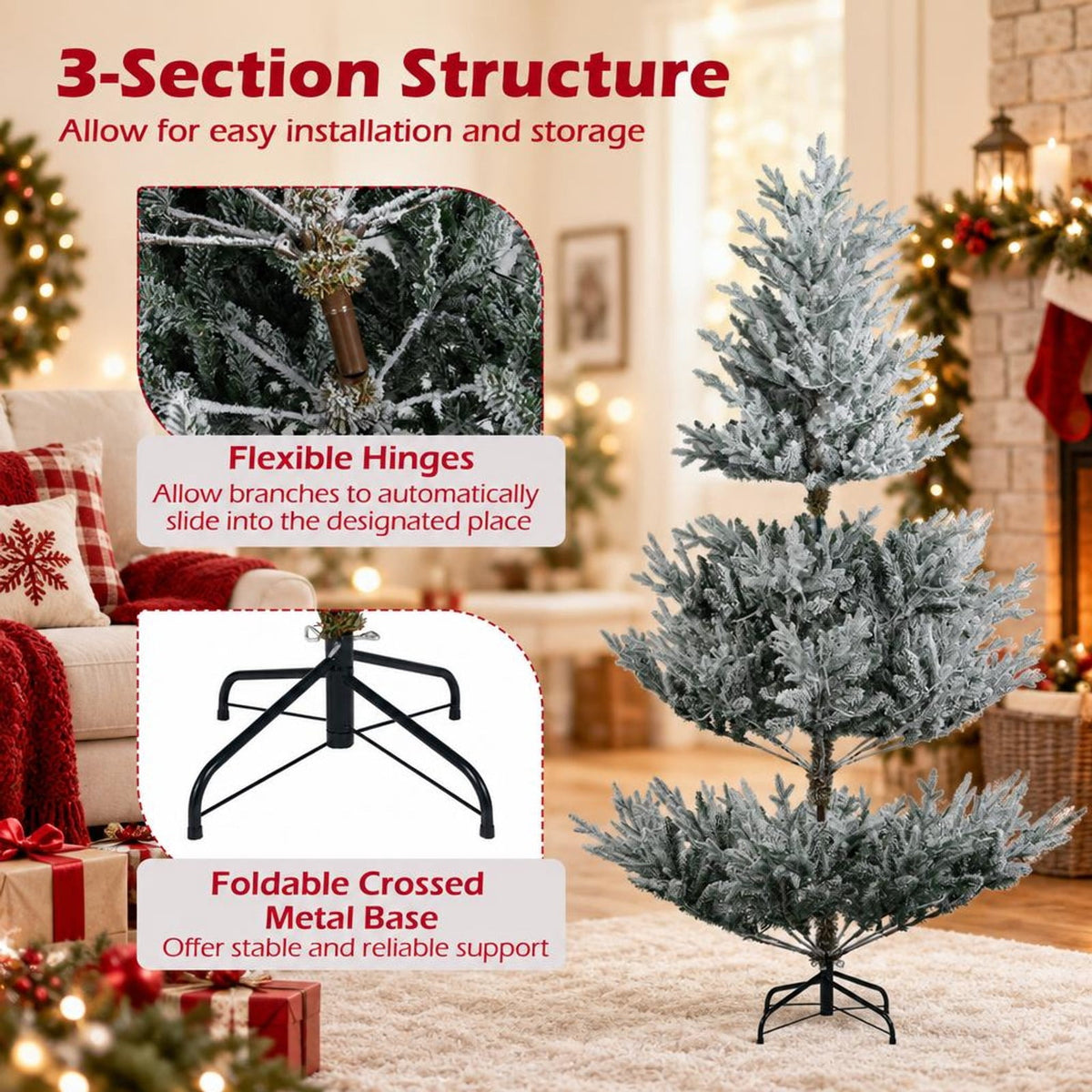 Airfind 6/7/8 Feet Pre-Lit Artificial Christmas Tree Hinged Snow Flocked Xmas Tree-6 ft, PE PVC Metal Frame, 5.2 x 8 ft Footprint, Green