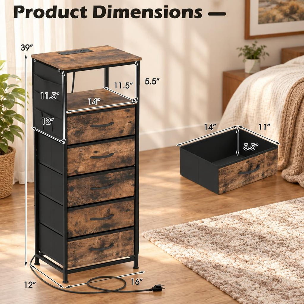 Airfind Nightstand with Integrated Charging Station 39 Inches Modern Bedside Table, 56 kg/123.5 ls Capacity, Metal MDF Non-Woven Fabric Frame, Brown