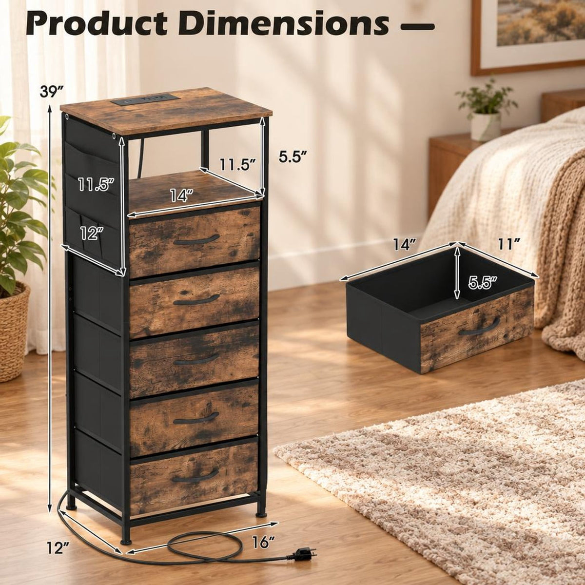 Airfind Nightstand with Integrated Charging Station 39 Inches Modern Bedside Table, 56 kg/123.5 ls Capacity, Metal MDF Non-Woven Fabric Frame, Brown