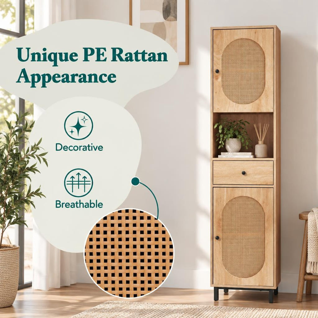 Airfind 67 Inch Tall Bathroom Cabinet PE Rattan Floor Cabinet with 2 Doors, 22 lbs Capacity, PE Rattan Engineered Wood Metal Frame, Natural