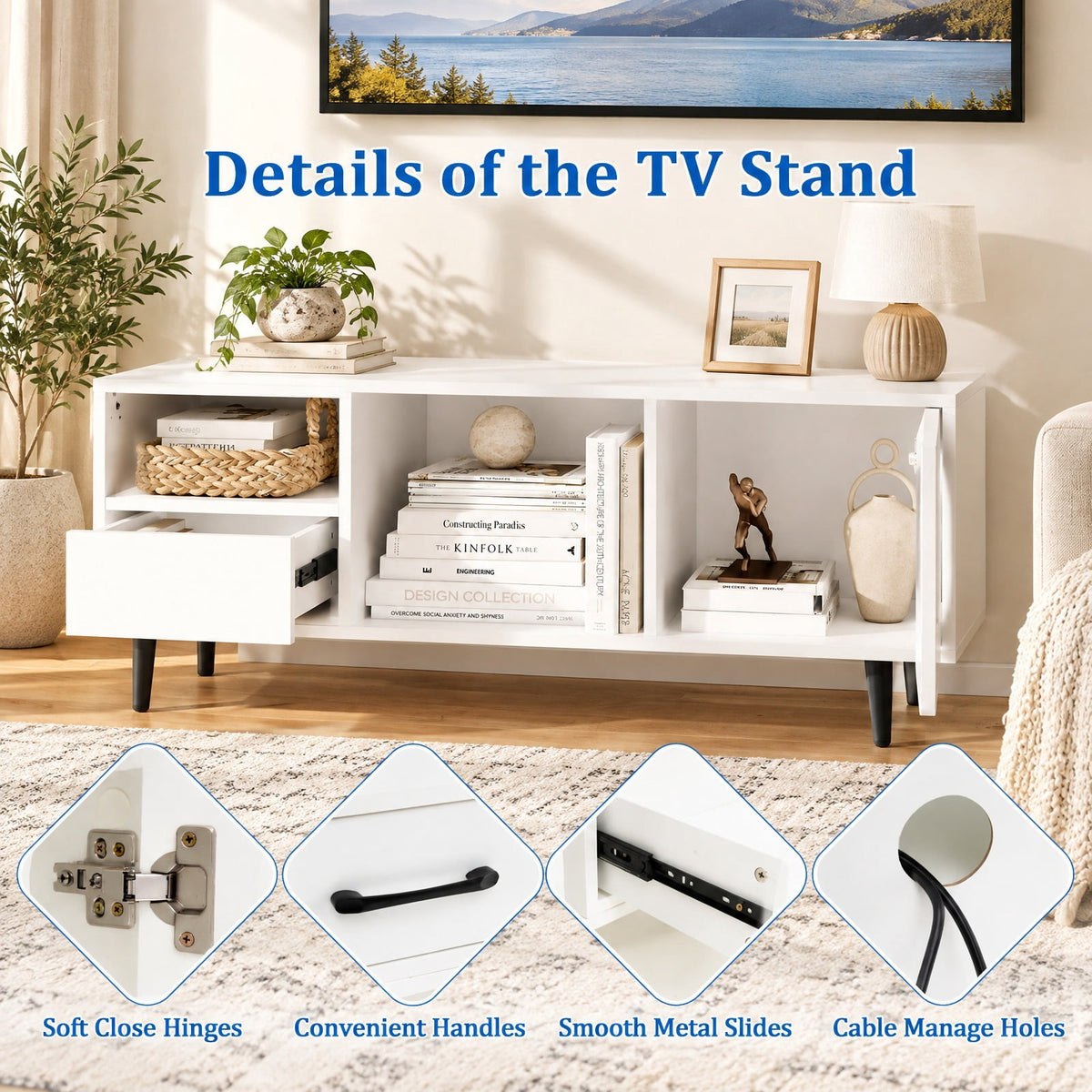 Airfind 79 Inch TV Stand for TVs up to 90 Inches Entertainment Center Wood Media Console Table Modern Mid Century TV Cabinet, 200 lbs Capacity, White