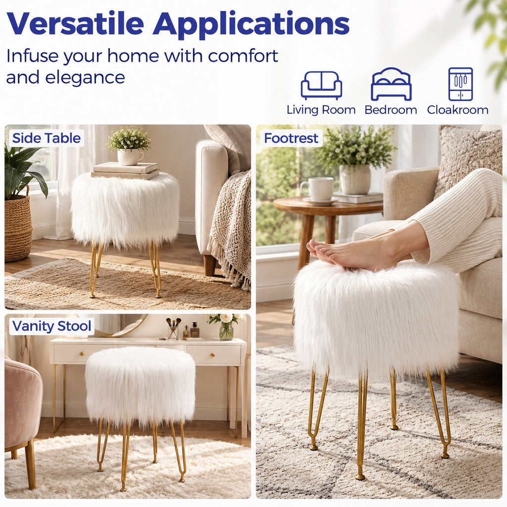 Airfind Faux Fur Vanity Stool Chair with Metal Legs for Bedroom and Living Room, 330 lbs Capacity, Faux Fur Sponge Metal MDF Plywood Frame, White