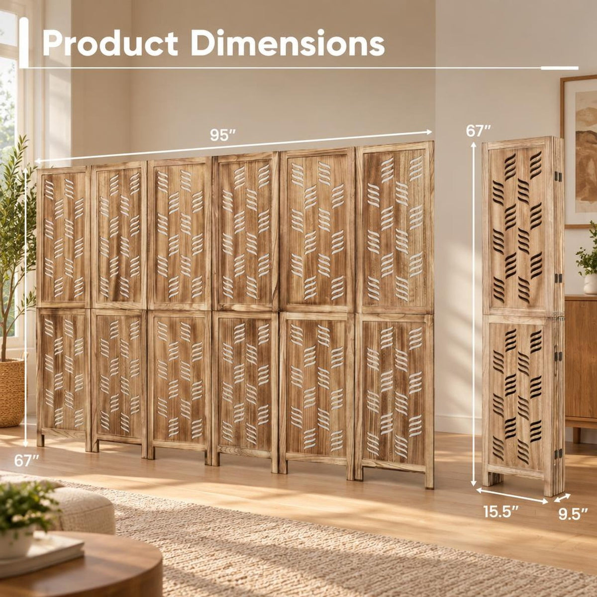 Airfind 5.5 FT Tall Room Divider 6 Panels with Wave Cutout and Paulownia Frame for Room, Paulownia Wood Metal Frame, 95in x 67in Footprint, Brown