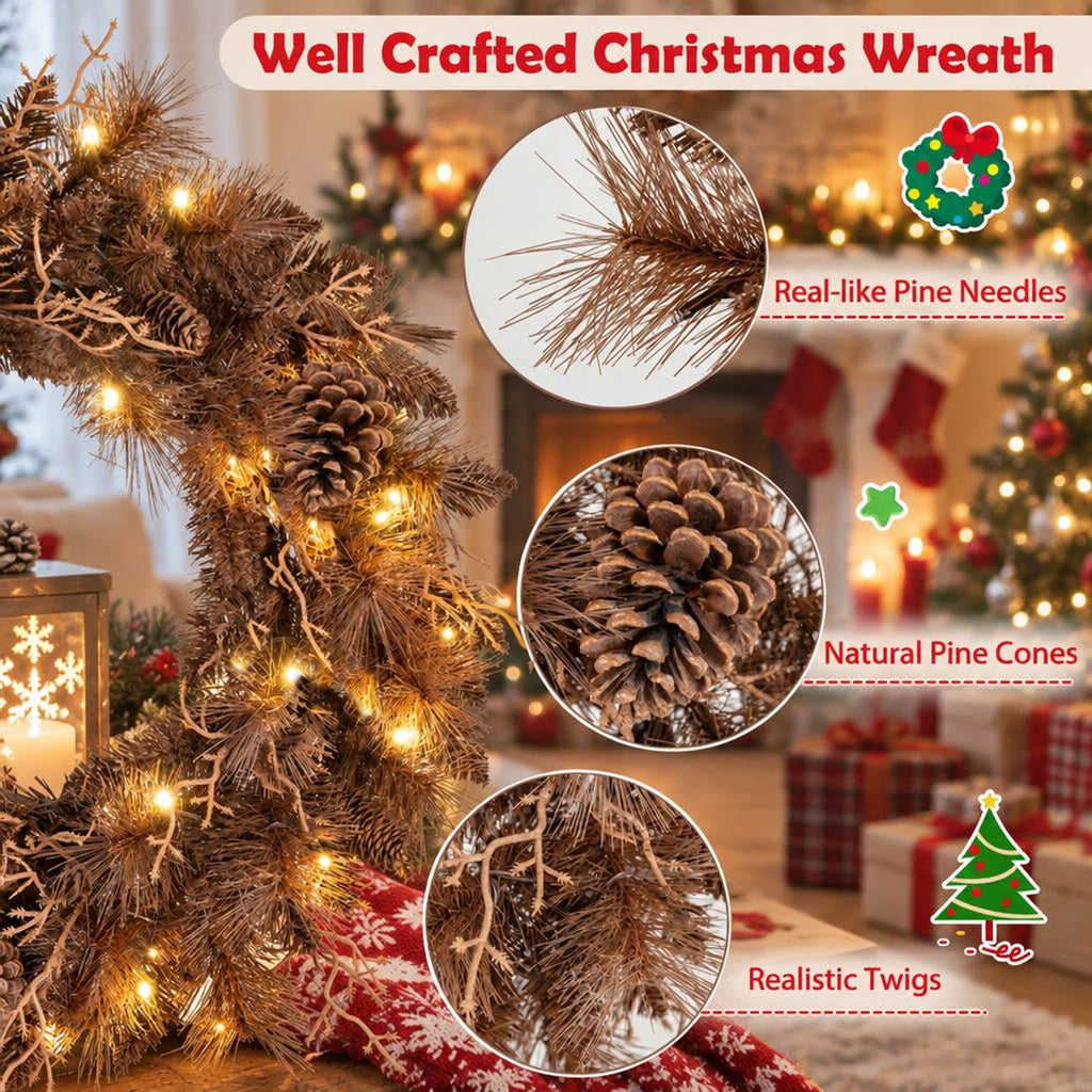 Airfind 24 Inch Pre-lit Christmas Wreath with 105 Branch Tips and 35 Warm White LED Lights-1 piece, PVC PE Metal Frame, 24 x 24 Footprint, White