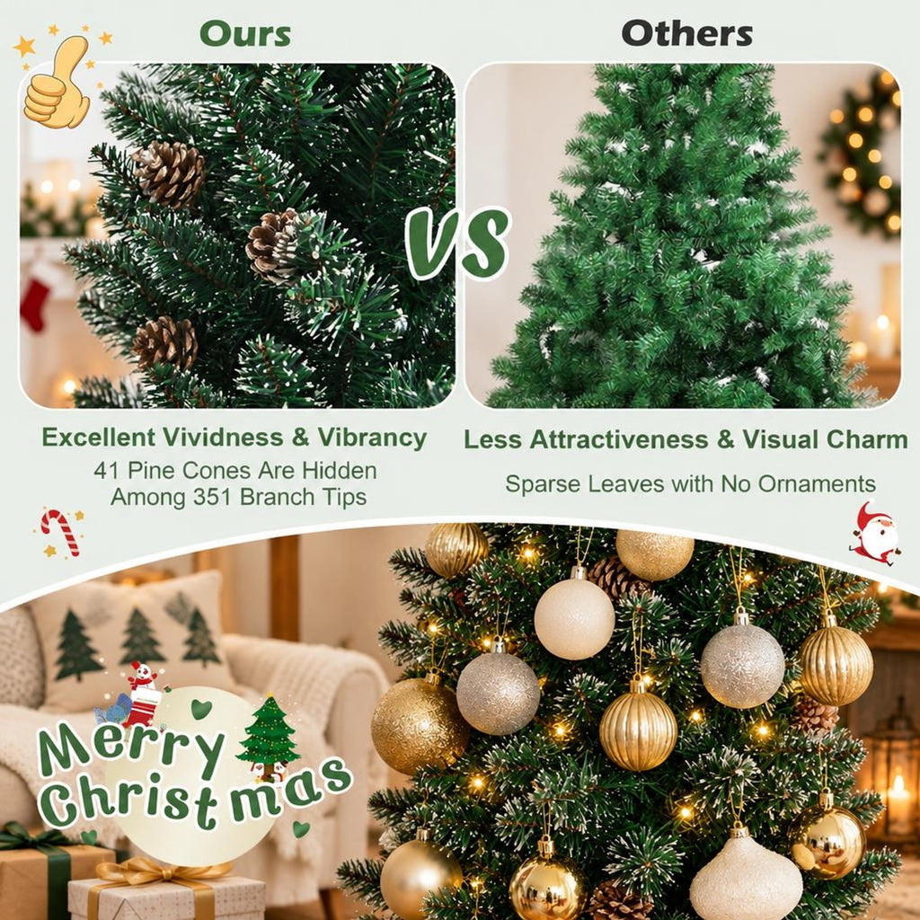 Airfind 7 Ft Pencil Christmas Tree featuring Snowy PVC Branches, 351 Tips, 41 Pine Cones and Foldable Metal Stand for Holiday Decor, Green