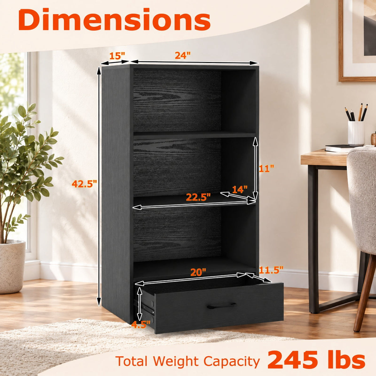 Airfind 48 Inch Tall 4 Tiers Wood Bookcase with Drawer, 88 lbs Capacity, Engineered Wood MDF Frame, 24in x 15in x 42.5in Footprint, Black