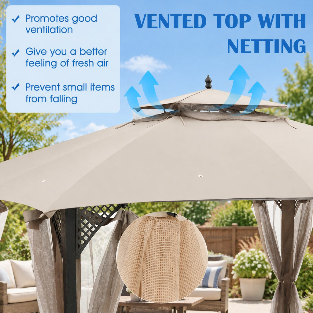 Airfind 10 x 12 Feet Gazebo Replacement Top with Air Vent and Drainage Holes, Polyester Frame, 12 ft x 10 ft Footprint, Beige