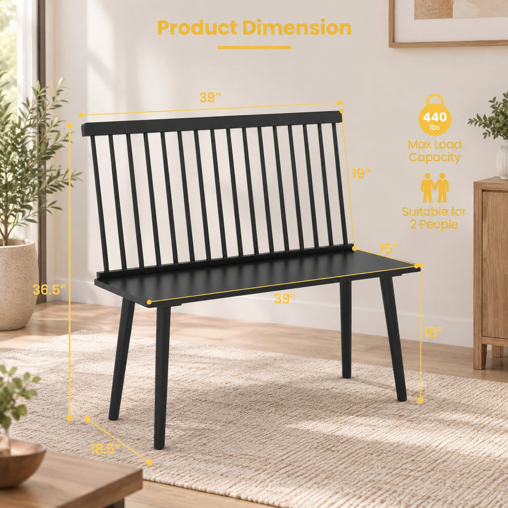 Airfind Entryway Bench, for 2 with Spindle Back for Kitchen Dining Room Hallway, 440 lbs Capacity, Rubber Wood Frame, 39 Inch x 18.5 Inch x 36.5 Inch, Black