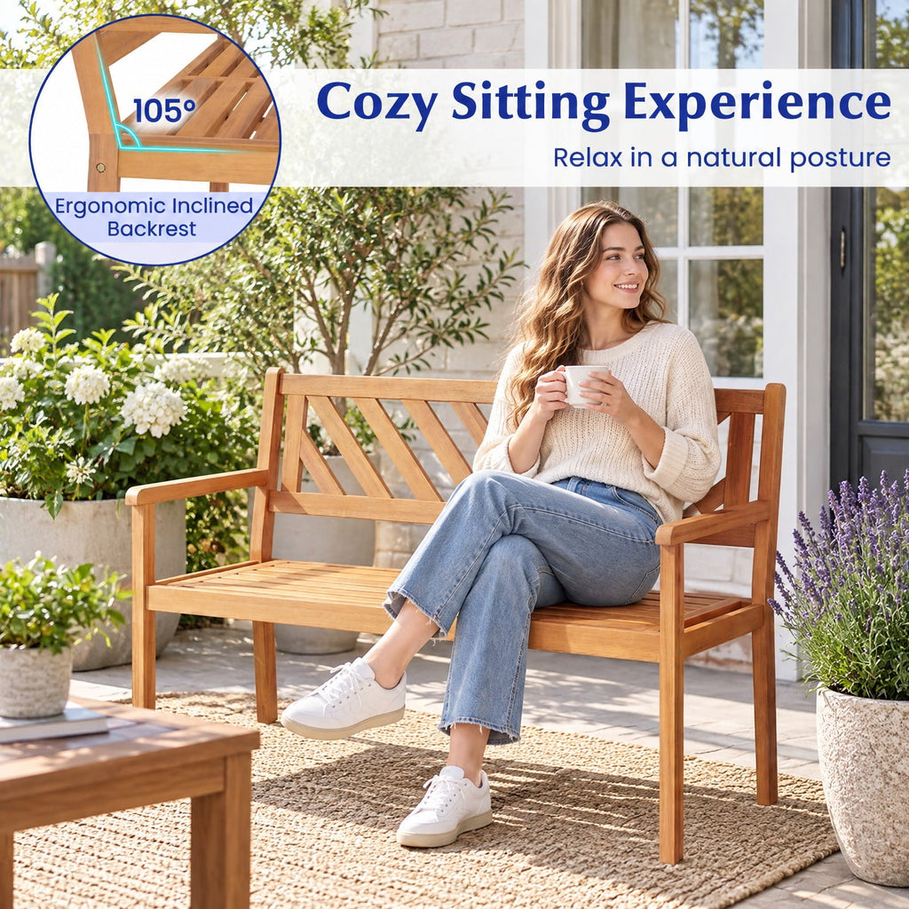 Airfind 2-Person Patio Acacia Wood Garden Chair with Armrests and Backrest for Porch, 800 lbs Capacity, Acacia Wood Frame, Teak