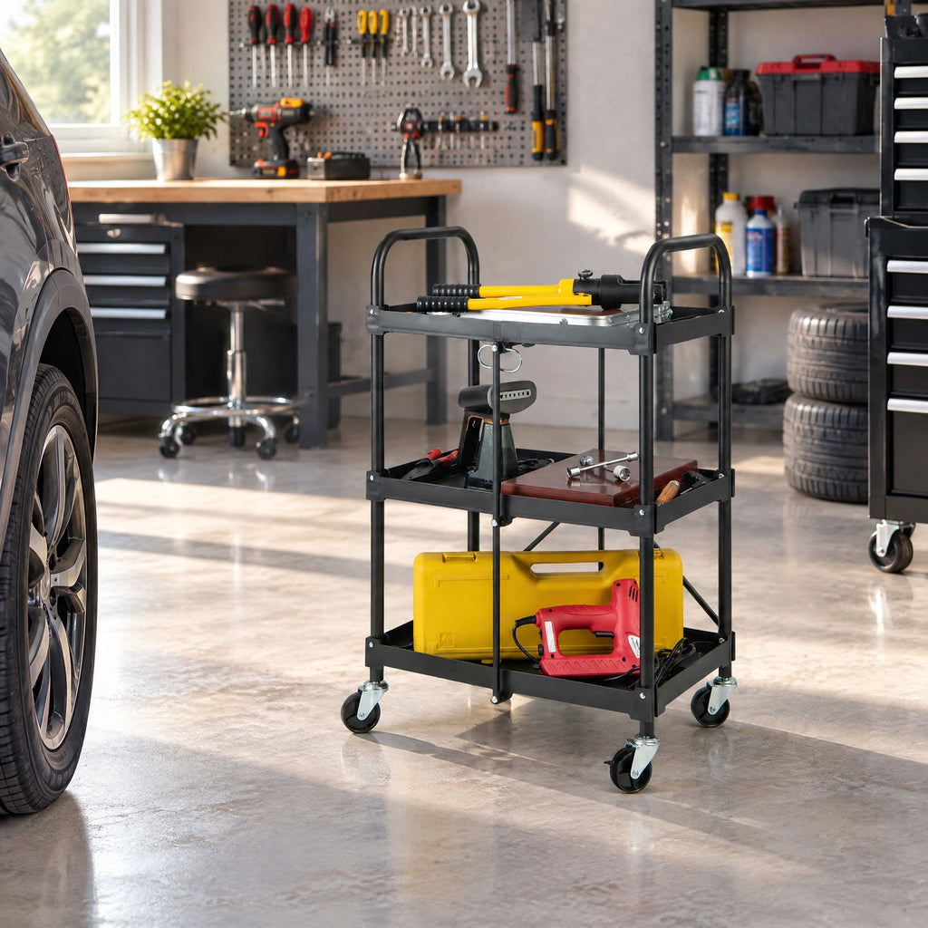 Airfind 3-Tier Folding Trolley Cart with Universal Wheels Heavy Duty for Warehouse, 33 lbs Capacity, Metal Frame, 24 x 16 x 38.5 Footprint, Black