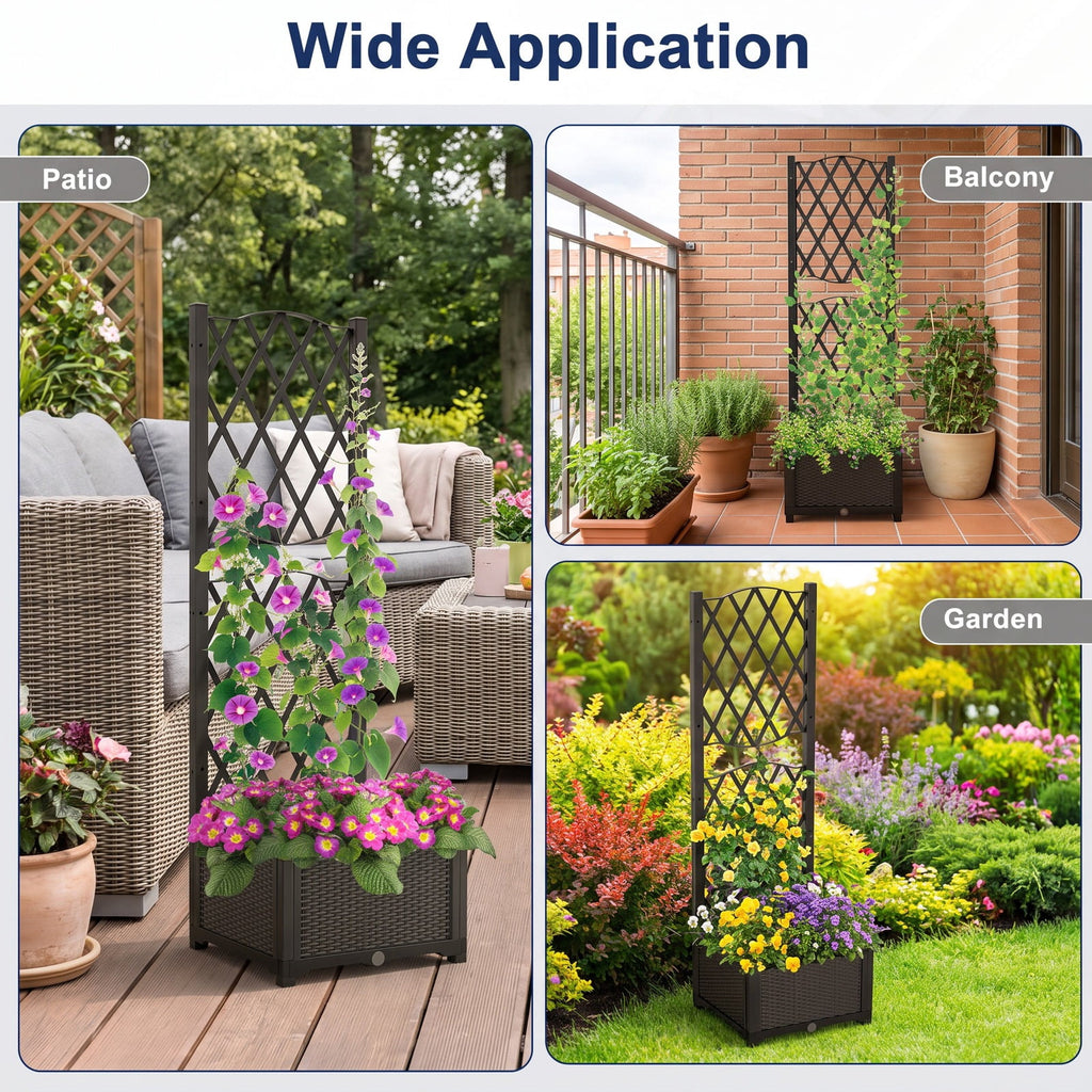 Airfind Raised Garden Bed with Trellis Planter Box for Climbing Plants, PP Frame, 16 x 16 x 48 Footprint, Brown