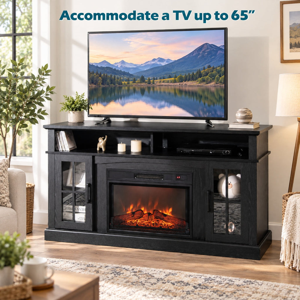 Airfind Fireplace TV Stand for TVs Up to 65 Inch with Side Cabinets and Remote Control, 66 lbs Capacity, Engineered wood Frame, Black