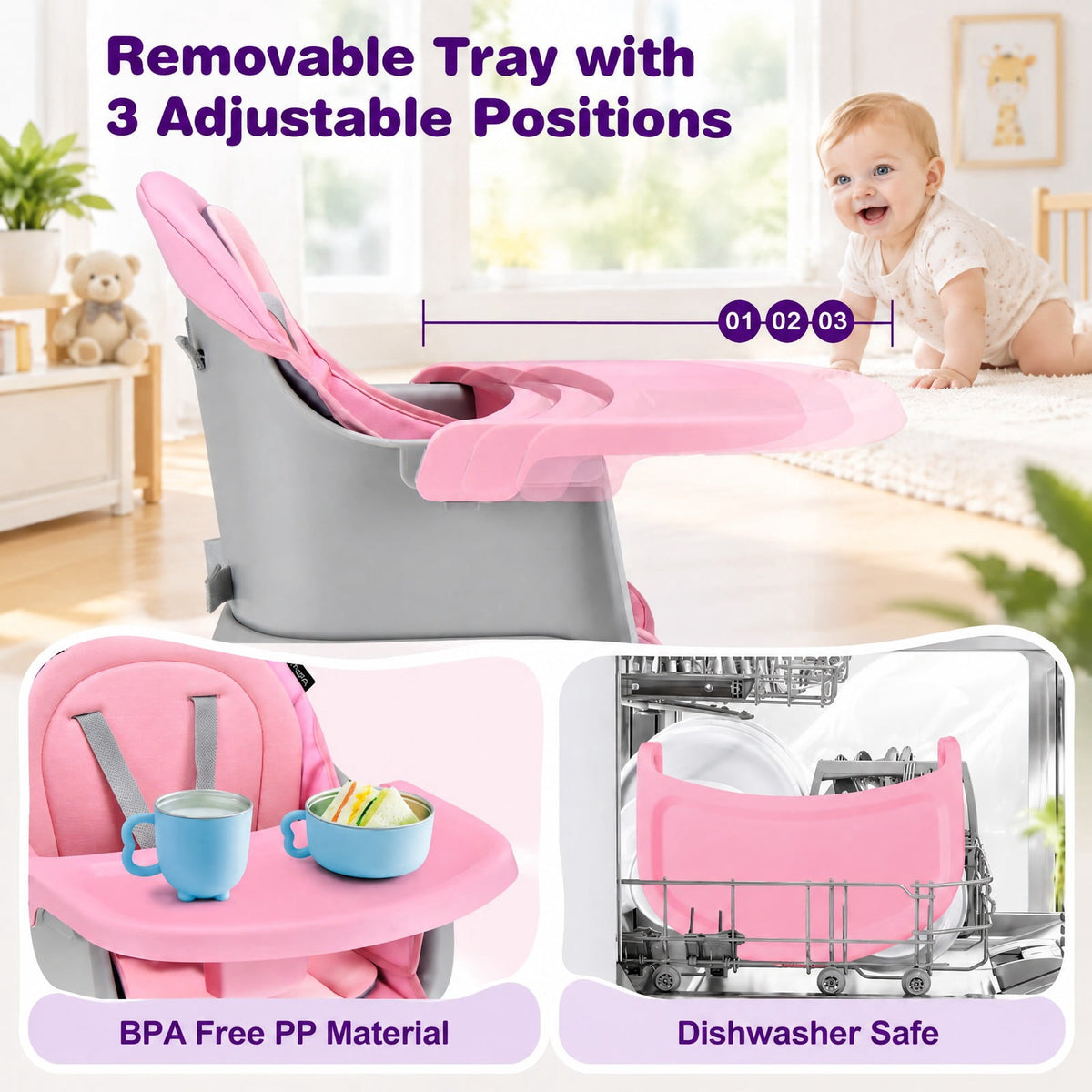 Airfind 6-in-1 Convertible Youth High Chair featuring Adjustable Removable Tray, 55 lbs Capacity, PP PU Fabric Frame, for 6-36 Months, Pink