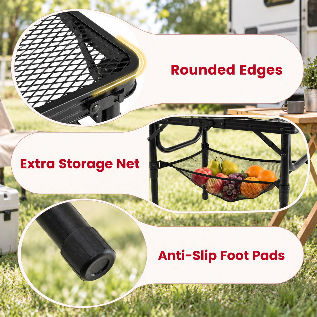 Airfind 3-Height Folding Picnic Table with Large Storage Net and Handle, 90 lbs Capacity, Aluminum Metal Nylon PP EVA Frame, Black