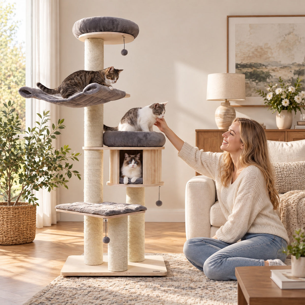 Airfind 4-Layer 68.5-Inch Wooden Cat Tree Condo Activity Tower with Sisal Posts, 33 lbs Capacity, Pine wood birch wood sisal plush Frame, Gray