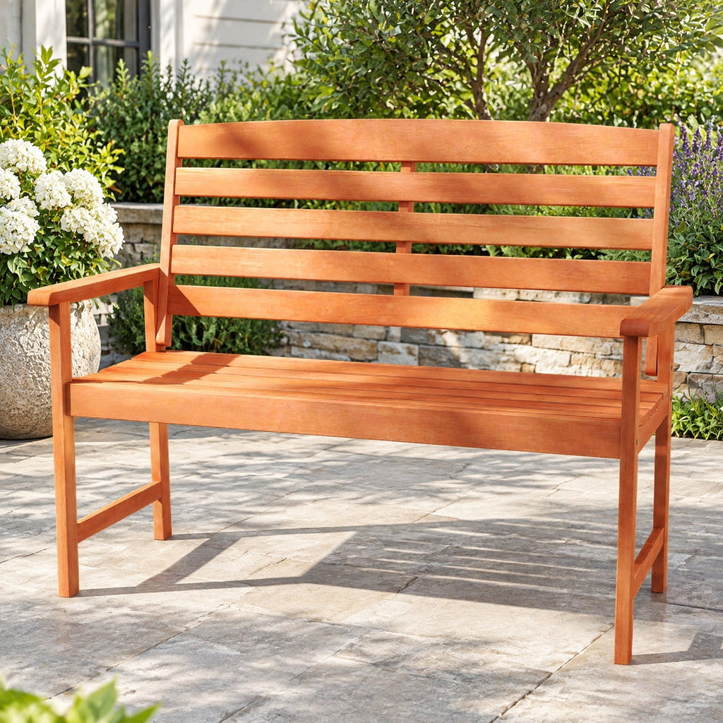 Airfind Outdoor Wooden Bench for 2 People with Curved Seat, Slatted Back and Armrests, 530 lbs Capacity for Porch and Patio, Natural