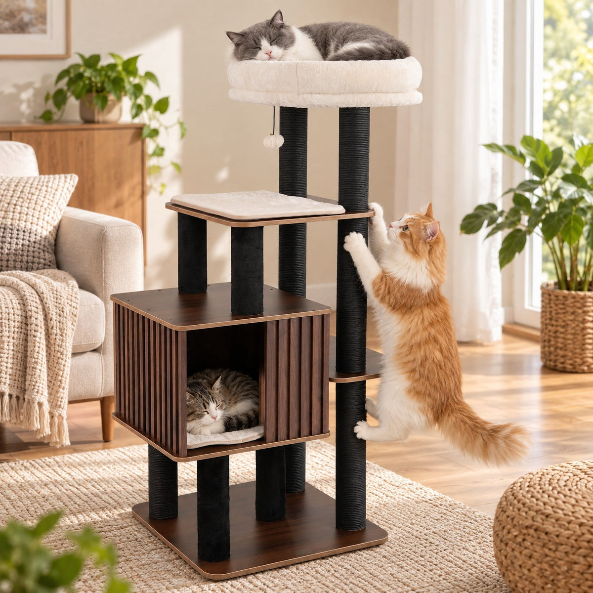 Airfind 53.5 inch Tall Cat Tree for Indoor Cat Wooden Cat Tower Top Perch with Soft Padding, 23in x 23in Cat Condo Footprint, Brown