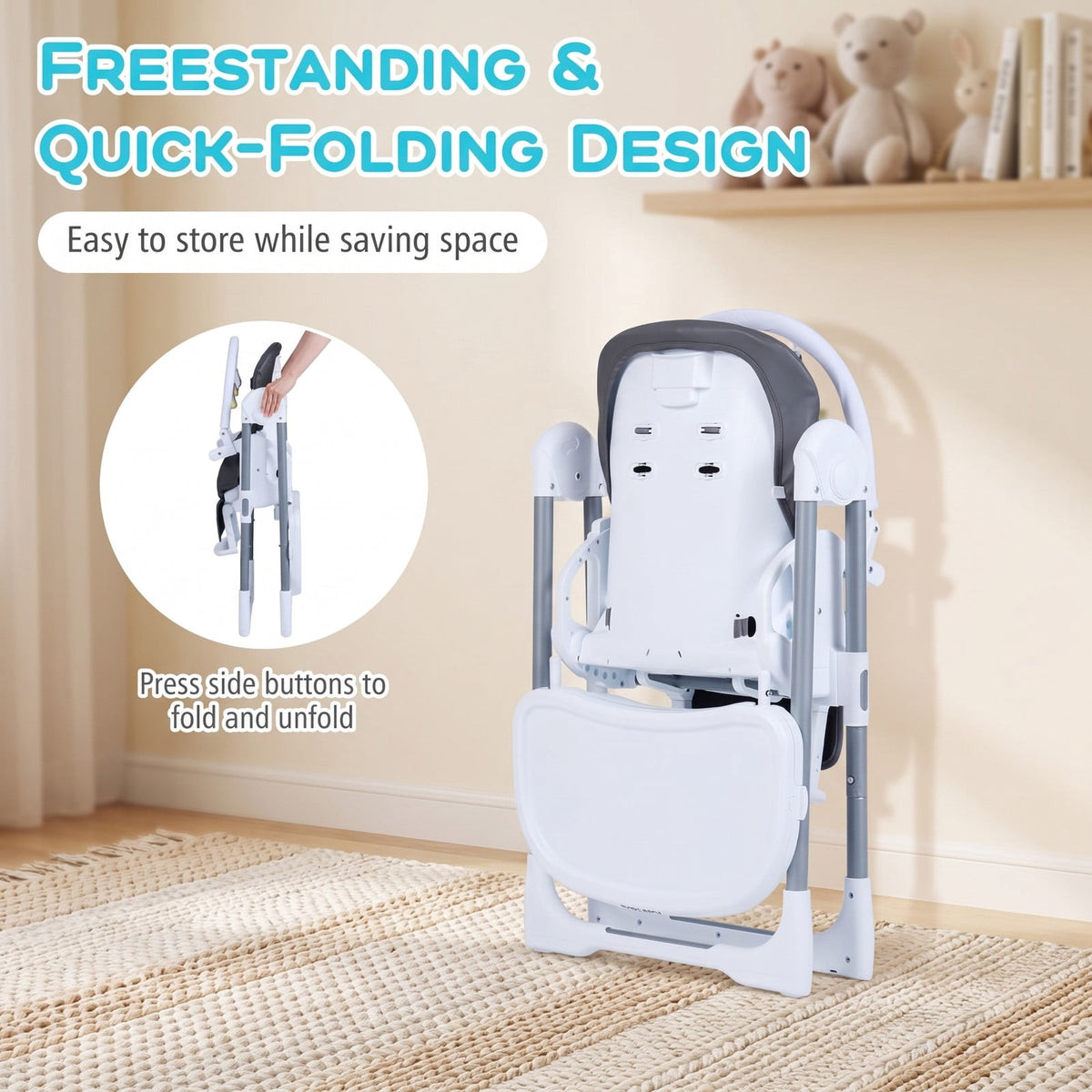 Airfind Foldable Baby High Chair with Adjustable Height and Relining Seat, 15 kg Capacity, Metal PP PU Frame, for 6-36 Months, Dark Gray
