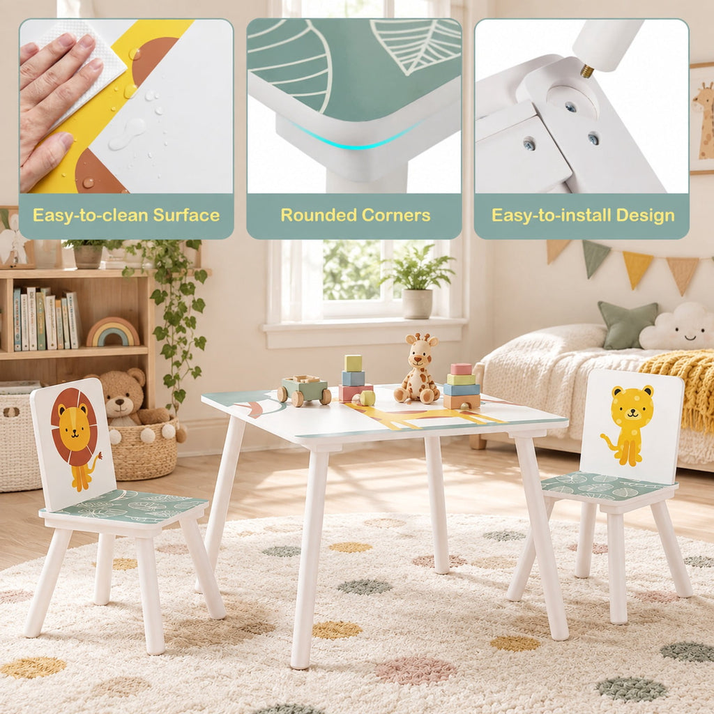 Airfind 3 Pieces Kids Table and Chairs Set with Animal Patterns for Aged 3-6 Years Old, 44 lbs Capacity, Pine Wood, for 3-6 Years Old