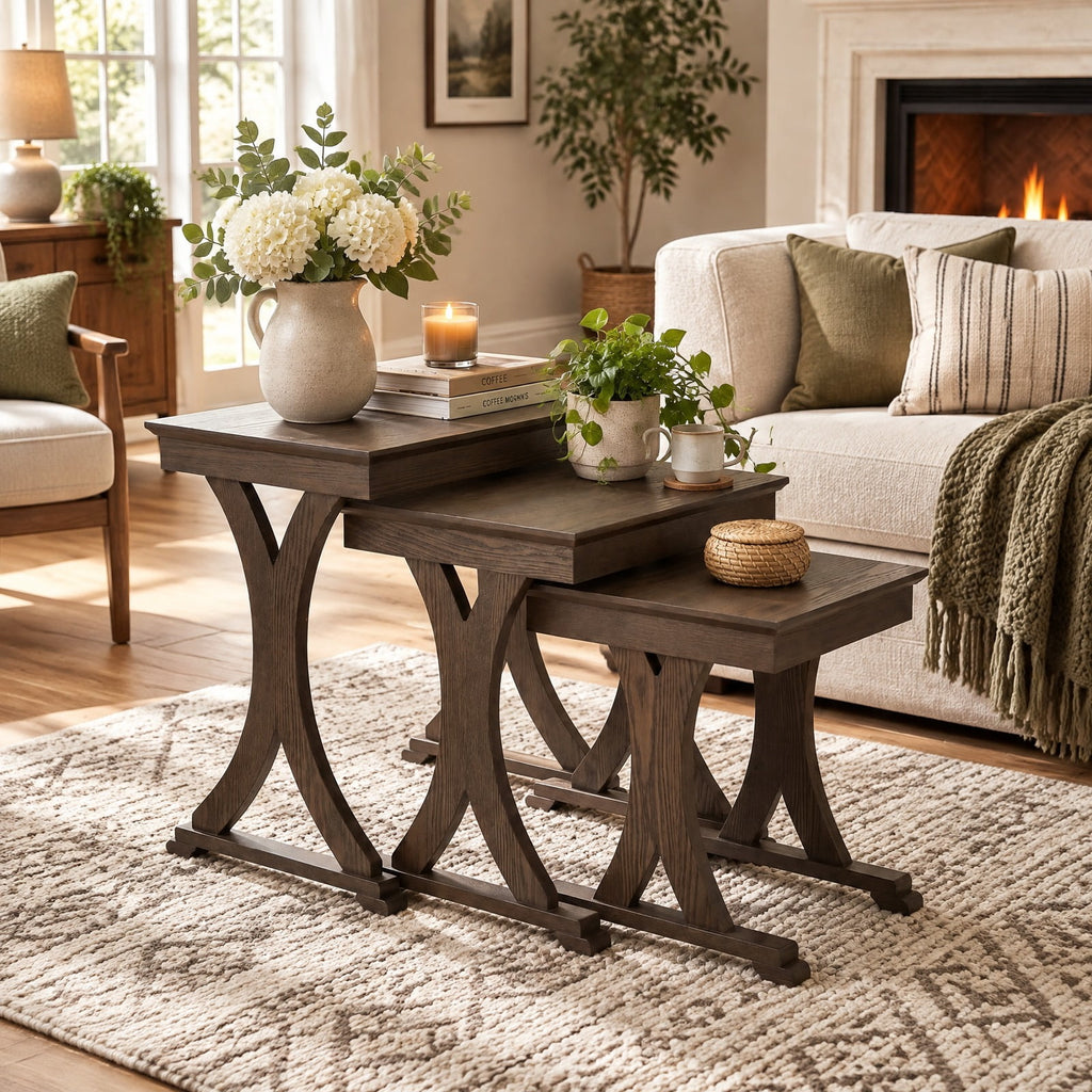 Airfind 3 Pieces Nesting Coffee Table Side Table with Solid Rubber Wood Legs, 71 lbs Capacity, Rubber Wood MDF Frame, 23 x 15 x 22 Footprint