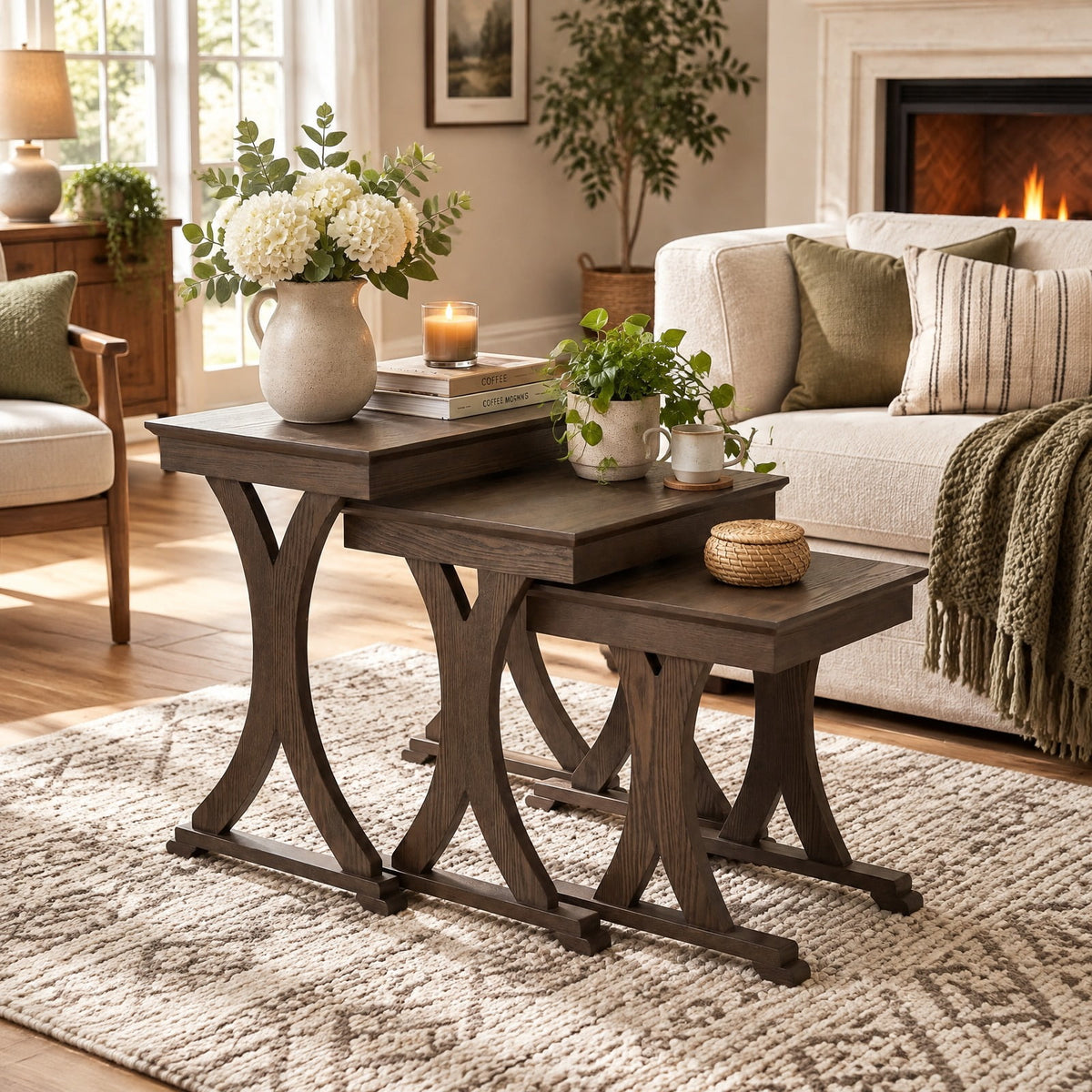 Airfind 3 Pieces Nesting Coffee Table Side Table with Solid Rubber Wood Legs, 71 lbs Capacity, Rubber Wood MDF Frame, 23 x 15 x 22 Footprint