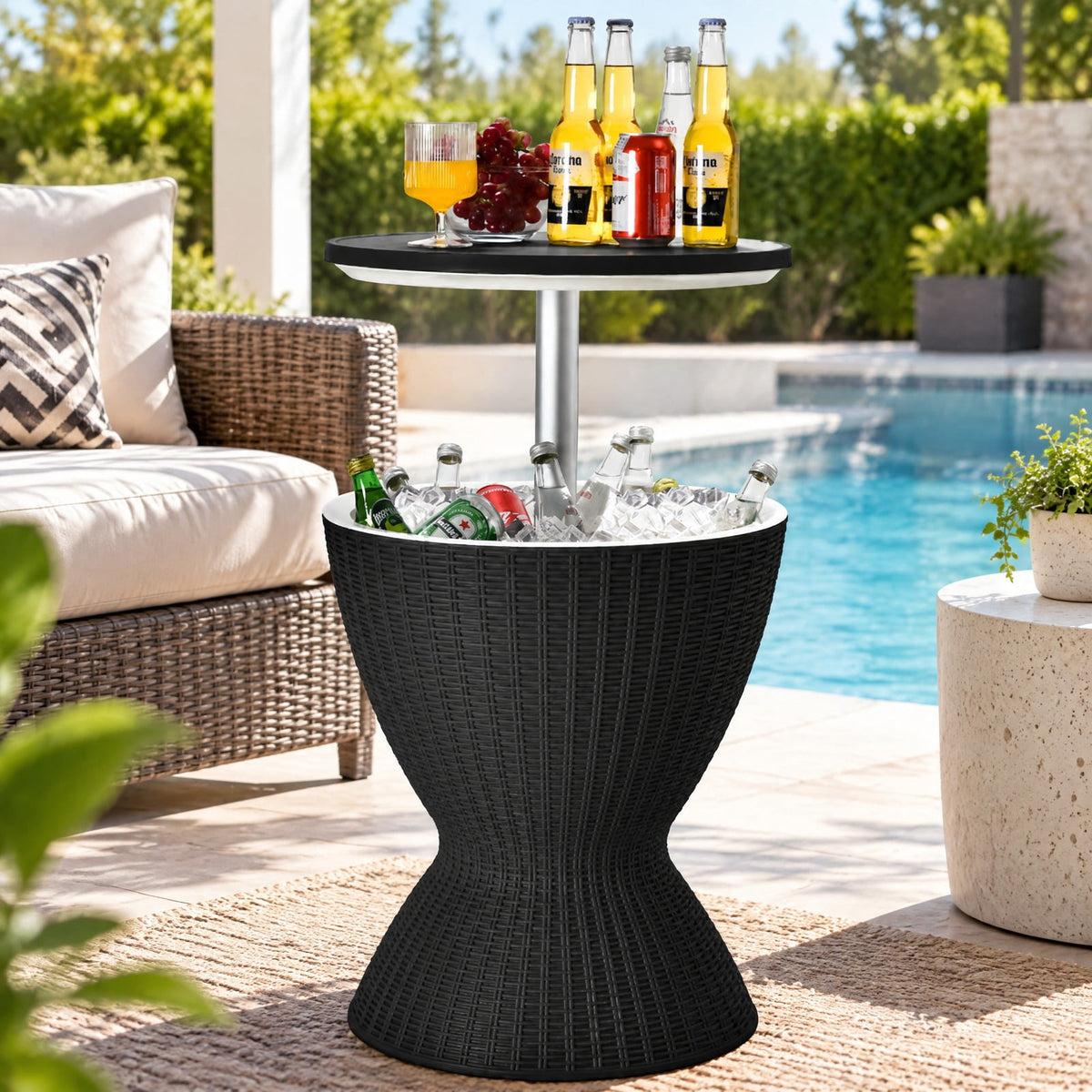 Airfind 3 in 1 8 Gallon Patio Rattan Cooler Bar Table with Adjust Ice Bucket, 165 lbs Capacity, PP Frame, Φ19 x 22.5 Footprint, Black