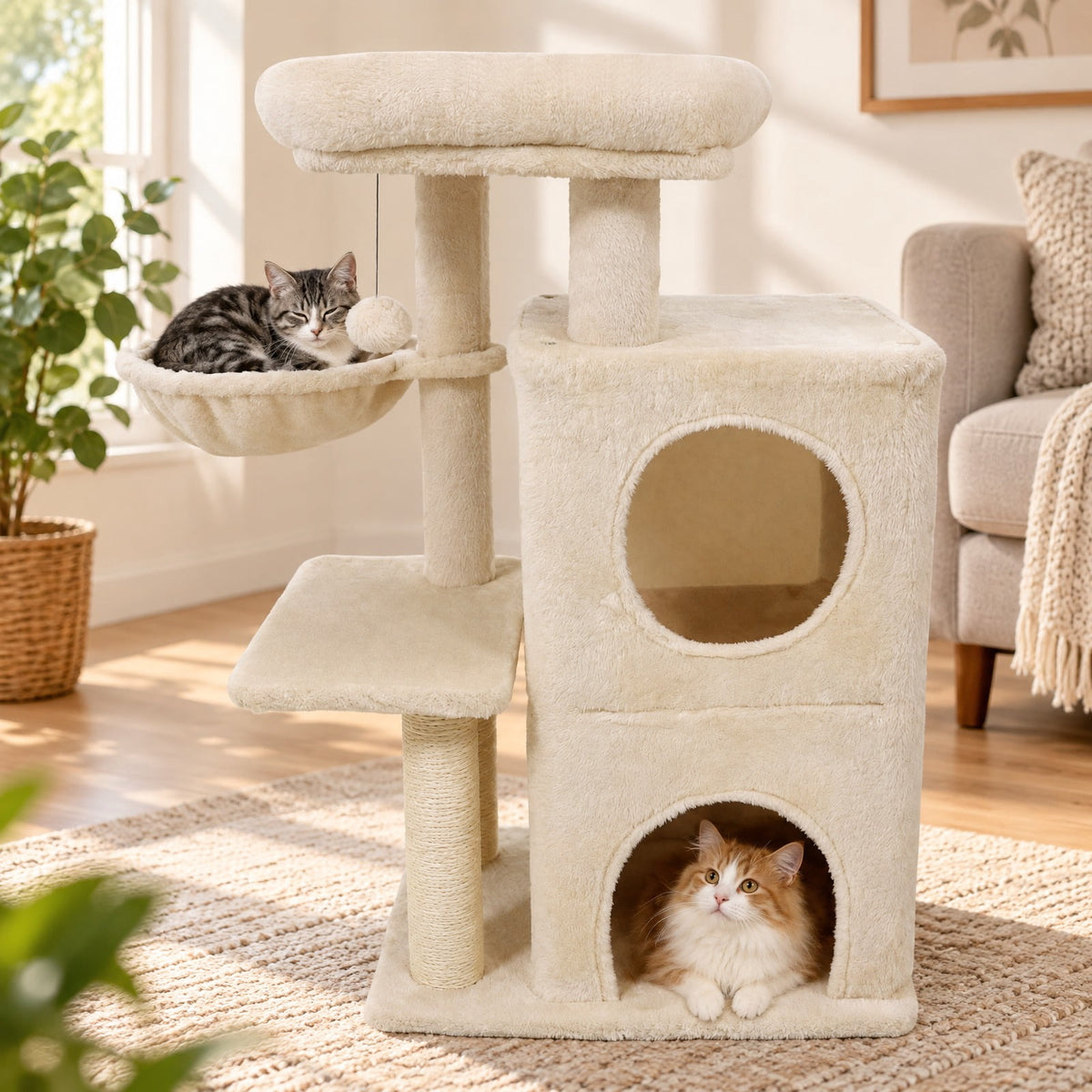 Airfind 33.5 Inch Cute Kitten Tower with 2-Tier Condo and Padded Top Perch, 22 lbs Capacity, Engineered Board Sisal Plush Fabric PP Polyester Frame